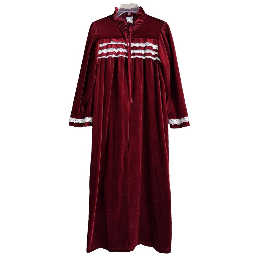 Vintage Girls Velour Robe Night Gown Red Lace Trim Holiday Photo Ruffles USA